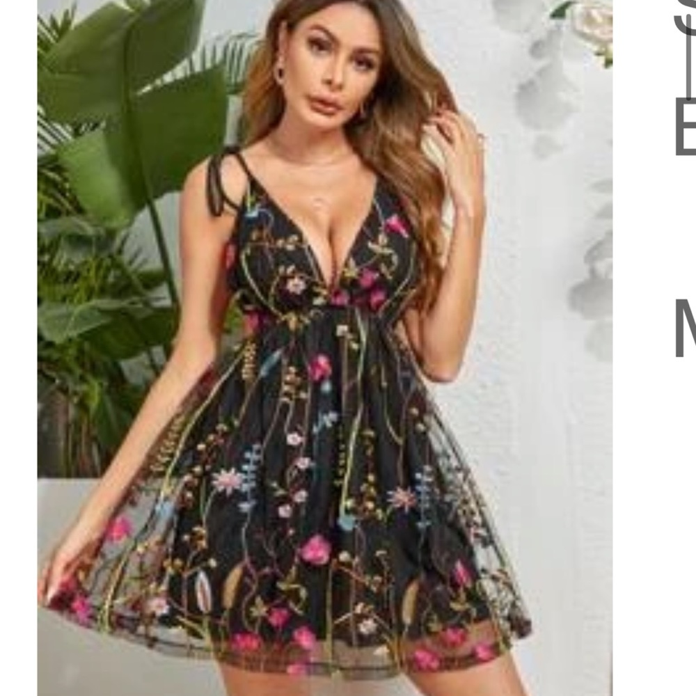 Shein Black Flower Embroidered Dress